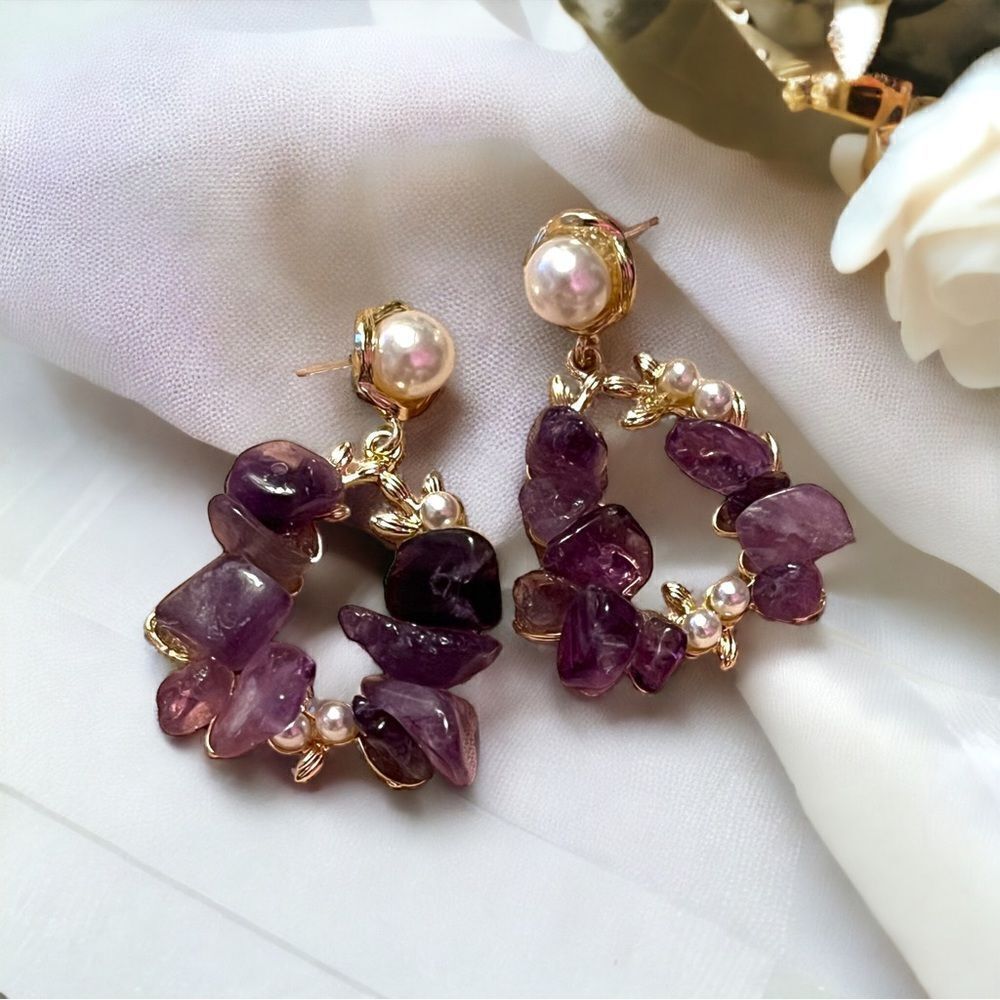💎2/$30💎 Amethyst Pearl Hoop Gold Tone Dangle Earrings Sterling Silver Posts